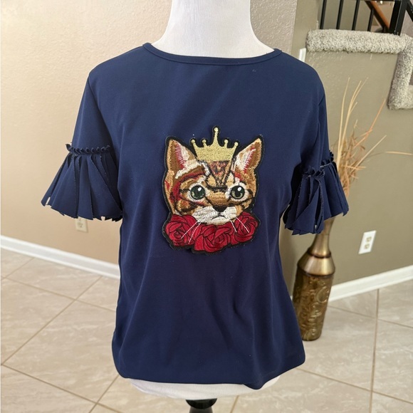 Tops - Navy Blue Top with Cat Patch and Ruffled Sleeves